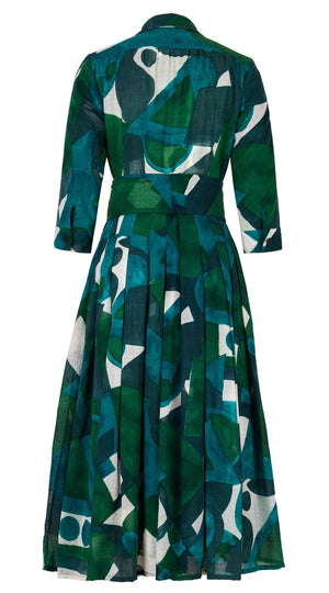 Audrey Dress #4 Shirt Collar 3/4 Sleeve Midi Length Wool Musola (Morello Graphic Dark) - Green Jade