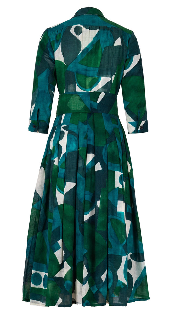 Audrey Dress #4 Shirt Collar 3/4 Sleeve Midi Length Wool Musola (Morello Graphic Dark) - Green Jade