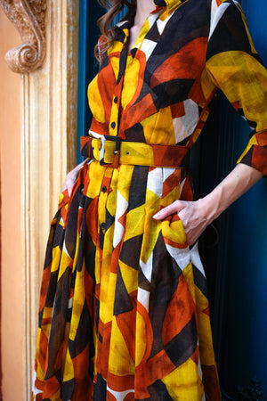 Audrey Dress #4 Shirt Collar 3/4 Sleeve Midi Length Wool (Morello Graphic Dark) - Ivory Orange Sepia