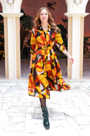 Audrey Dress #4 Shirt Collar 3/4 Sleeve Midi Length Wool (Morello Graphic Dark) - Ivory Orange Sepia