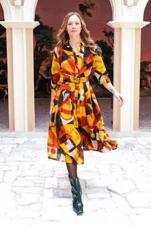 Audrey Dress #4 Shirt Collar 3/4 Sleeve Midi Length Wool (Morello Graphic Dark) - Ivory Orange Sepia