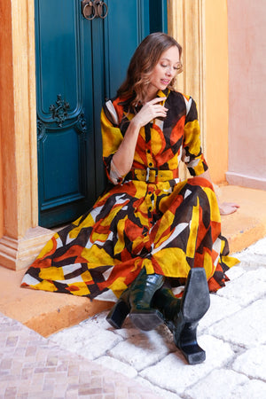 Audrey Dress #4 Shirt Collar 3/4 Sleeve Midi Length Wool (Morello Graphic Dark) - Ivory Orange Sepia