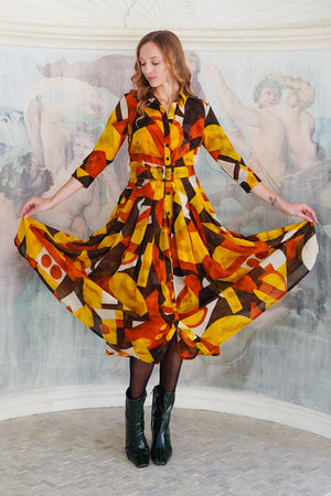 Audrey Dress #4 Shirt Collar 3/4 Sleeve Midi Length Wool (Morello Graphic Dark) - Ivory Orange Sepia