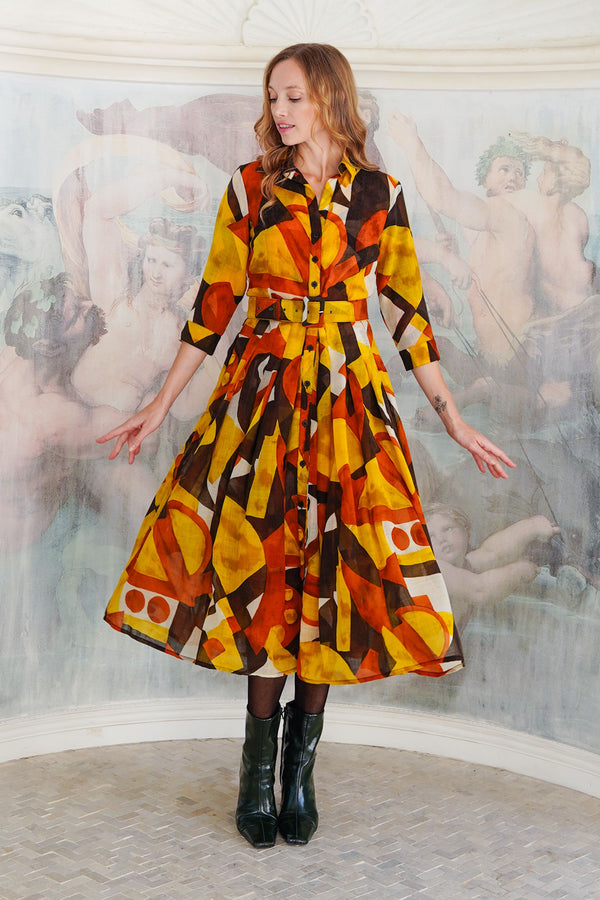 Audrey Dress #4 Shirt Collar 3/4 Sleeve Midi Length Wool (Morello Graphic Dark) - Ivory Orange Sepia