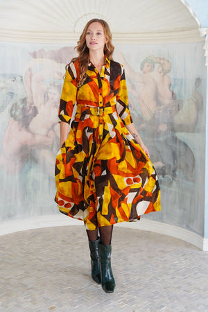 Audrey Dress #4 Shirt Collar 3/4 Sleeve Midi Length Wool (Morello Graphic Dark) - Ivory Orange Sepia