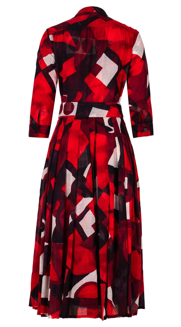 Audrey Dress #4 Shirt Collar 3/4 Sleeve Midi Length Wool Musola (Morello Graphic Dark) - Red Sepia