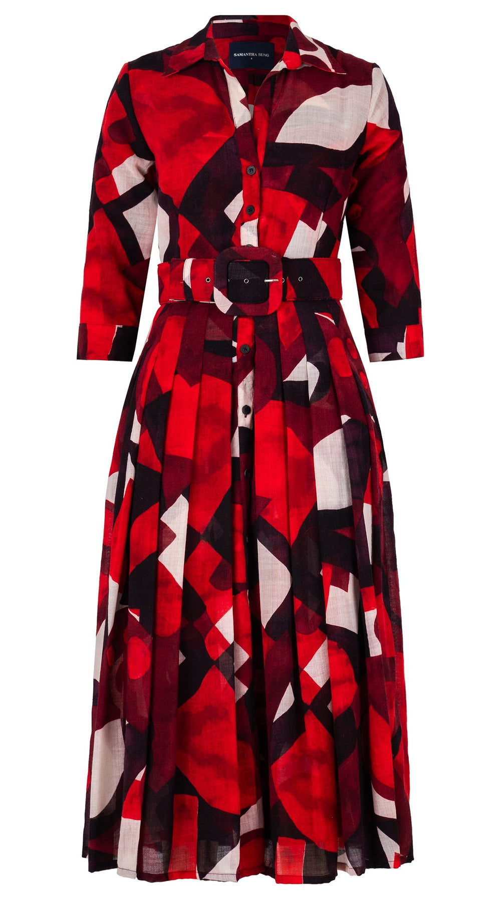 Audrey Dress #4 Shirt Collar 3/4 Sleeve Midi Length Wool Musola (Morello Graphic Dark) - Red Sepia