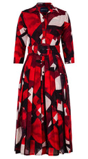 Audrey Dress #4 Shirt Collar 3/4 Sleeve Midi Length Wool Musola (Morello Graphic Dark) - Red Sepia