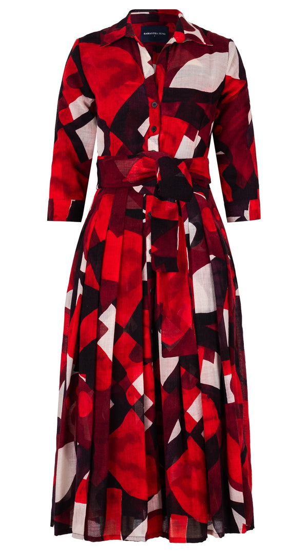 Audrey Dress #4 Shirt Collar 3/4 Sleeve Midi Length Wool Musola (Morello Graphic Dark) - Red Sepia