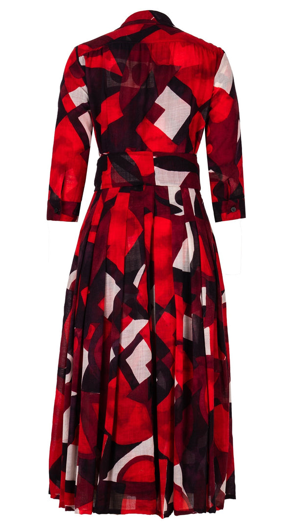 Audrey Dress #4 Shirt Collar 3/4 Sleeve Midi Length Wool Musola (Morello Graphic Dark) - Red Sepia