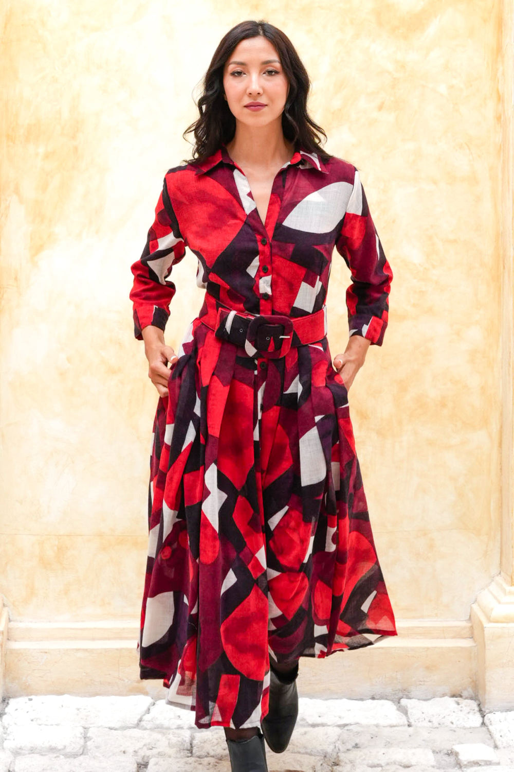 Audrey Dress #4 Shirt Collar 3/4 Sleeve Midi Length Wool (Morello Graphic Dark) - Red Sepia