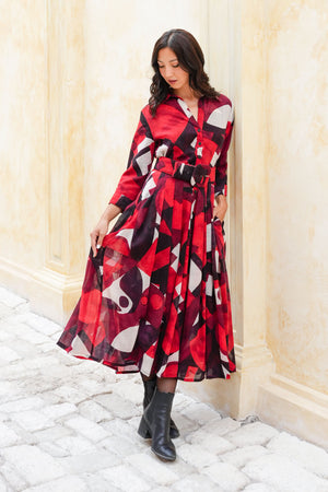 Audrey Dress #4 Shirt Collar 3/4 Sleeve Midi Length Wool (Morello Graphic Dark) - Red Sepia