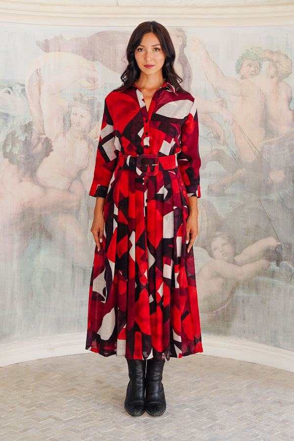 Audrey Dress #4 Shirt Collar 3/4 Sleeve Midi Length Wool (Morello Graphic Dark) - Red Sepia