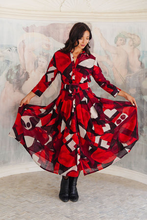 Audrey Dress #4 Shirt Collar 3/4 Sleeve Midi Length Wool (Morello Graphic Dark) - Red Sepia