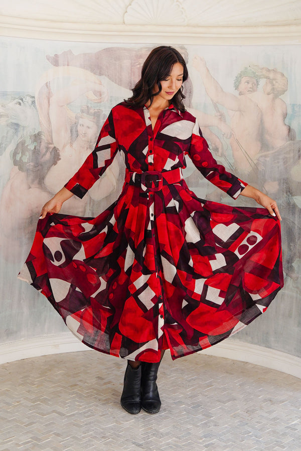 Audrey Dress #4 Shirt Collar 3/4 Sleeve Midi Length Wool (Morello Graphic Dark) - Red Sepia