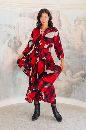 Audrey Dress #4 Shirt Collar 3/4 Sleeve Midi Length Wool (Morello Graphic Dark) - Red Sepia