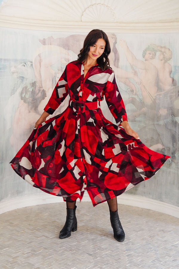 Audrey Dress #4 Shirt Collar 3/4 Sleeve Midi Length Wool (Morello Graphic Dark) - Red Sepia