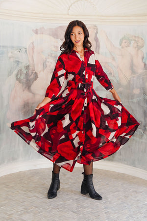 Audrey Dress #4 Shirt Collar 3/4 Sleeve Midi Length Wool (Morello Graphic Dark) - Red Sepia