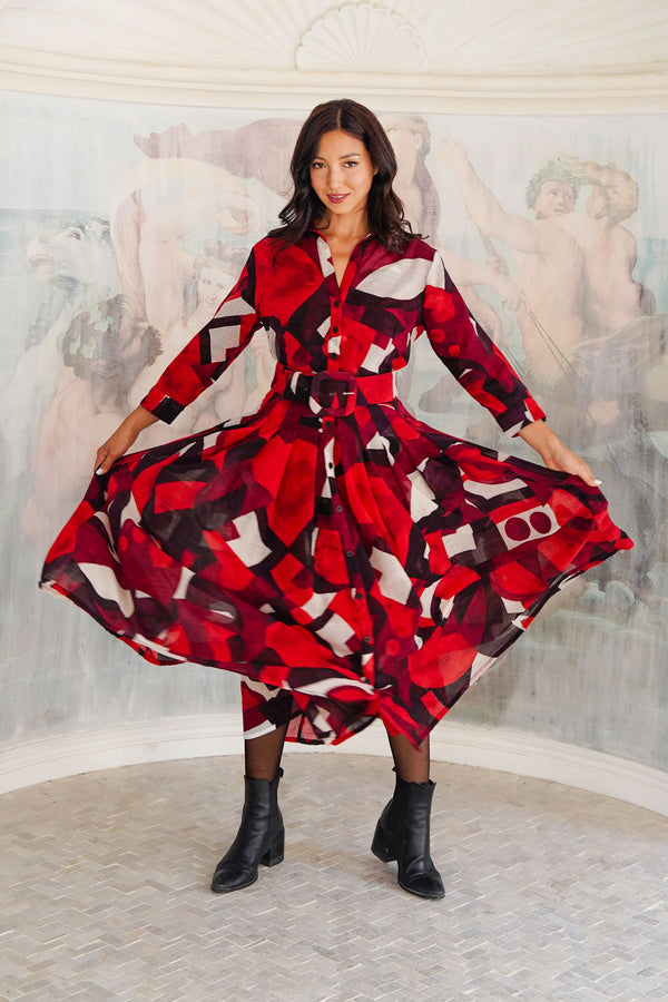 Audrey Dress #4 Shirt Collar 3/4 Sleeve Midi Length Wool (Morello Graphic Dark) - Red Sepia