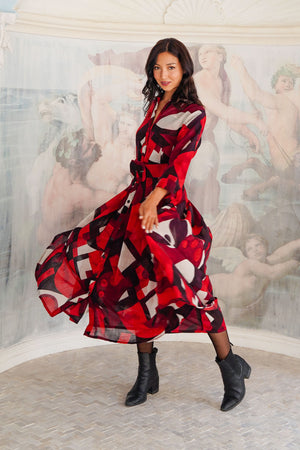 Audrey Dress #4 Shirt Collar 3/4 Sleeve Midi Length Wool (Morello Graphic Dark) - Red Sepia