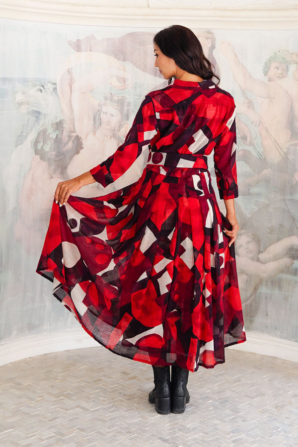 Audrey Dress #4 Shirt Collar 3/4 Sleeve Midi Length Wool (Morello Graphic Dark) - Red Sepia