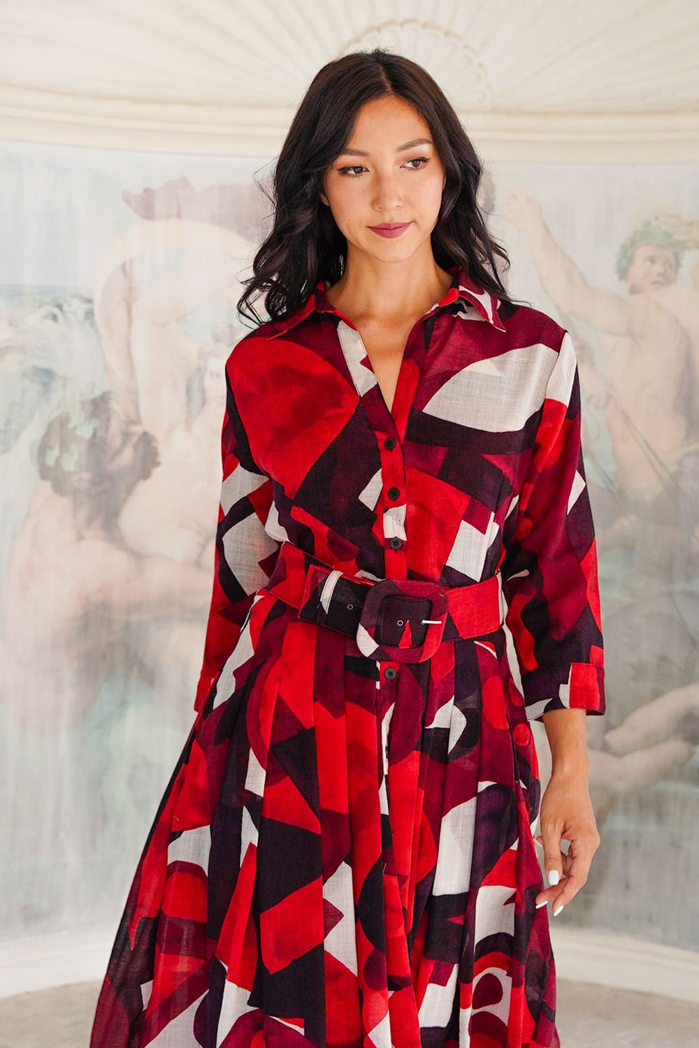 Audrey Dress #4 Shirt Collar 3/4 Sleeve Midi Length Wool (Morello Graphic Dark) - Red Sepia