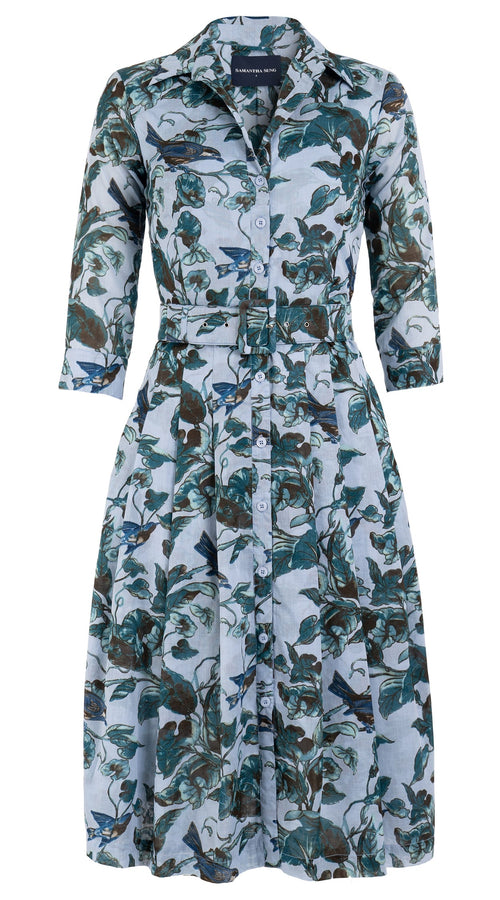 Audrey Dress #3 Shirt Collar 3/4 Sleeve Long Length Cotton Musola (Morning Glory & Bird)
