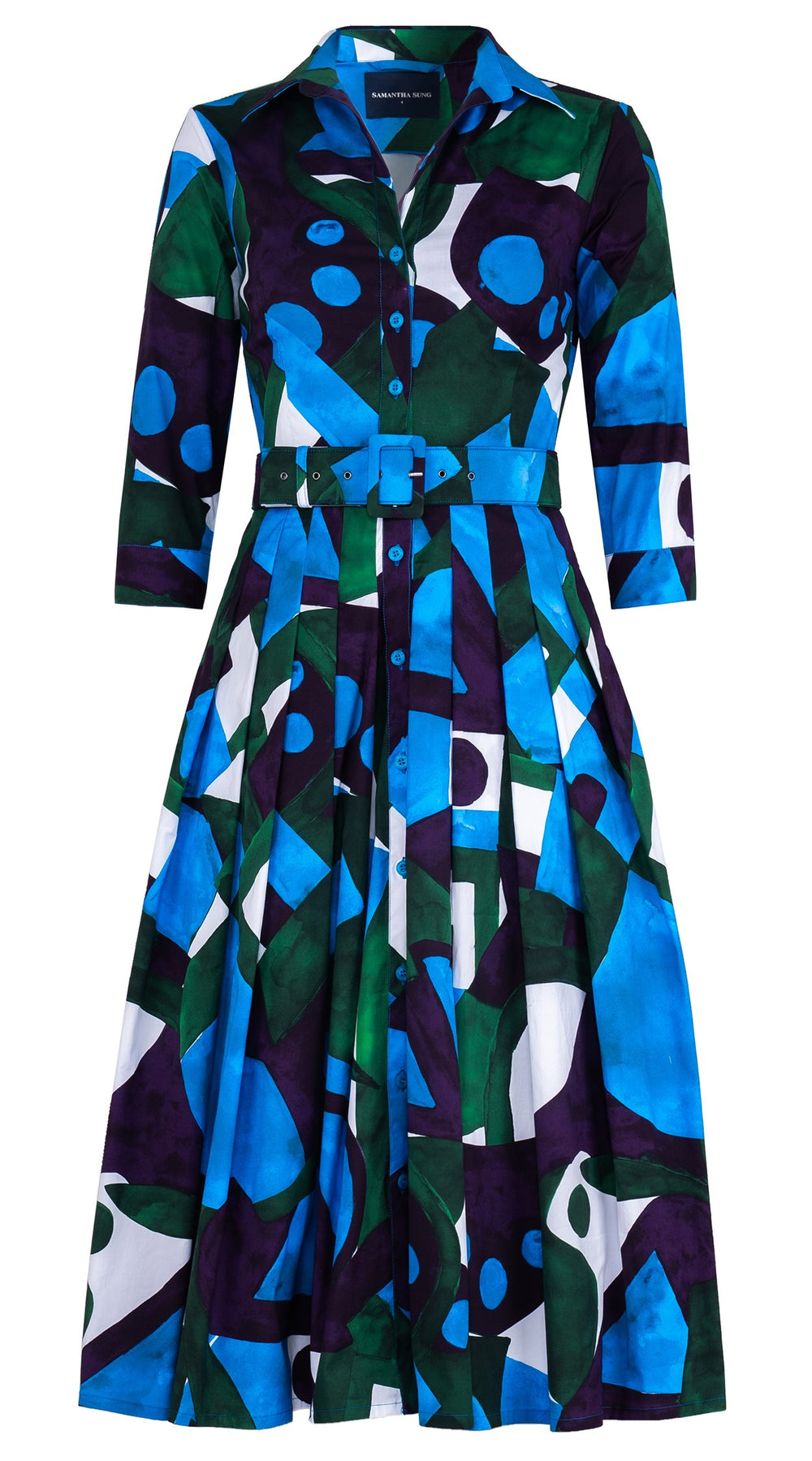 Audrey Dress #2 Shirt Collar 3/4 Sleeve Midi Length Cotton Stretch (Morello Graphic Bright)