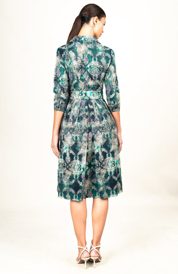 Audrey Dress #1 Shirt Collar 3/4 Sleeve Long Length Cotton Stretch (Morris Lace Dark)