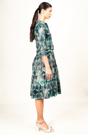 Audrey Dress #1 Shirt Collar 3/4 Sleeve Long Length Cotton Stretch (Morris Lace Dark)