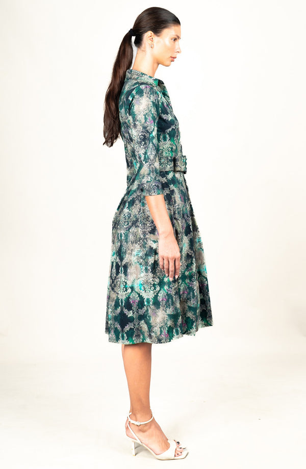 Audrey Dress #1 Shirt Collar 3/4 Sleeve Long Length Cotton Stretch (Morris Lace Dark)