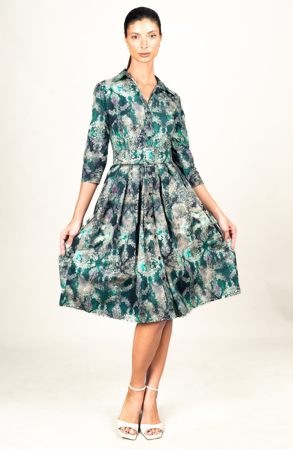 Audrey Dress #1 Shirt Collar 3/4 Sleeve Long Length Cotton Stretch (Morris Lace Dark)