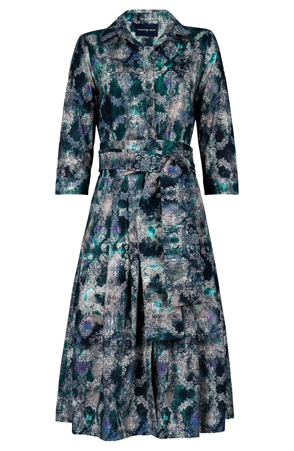 Audrey Dress #3 Shirt Collar 3/4 Sleeve Long Length Cotton Stretch (Morris Lace Dark)