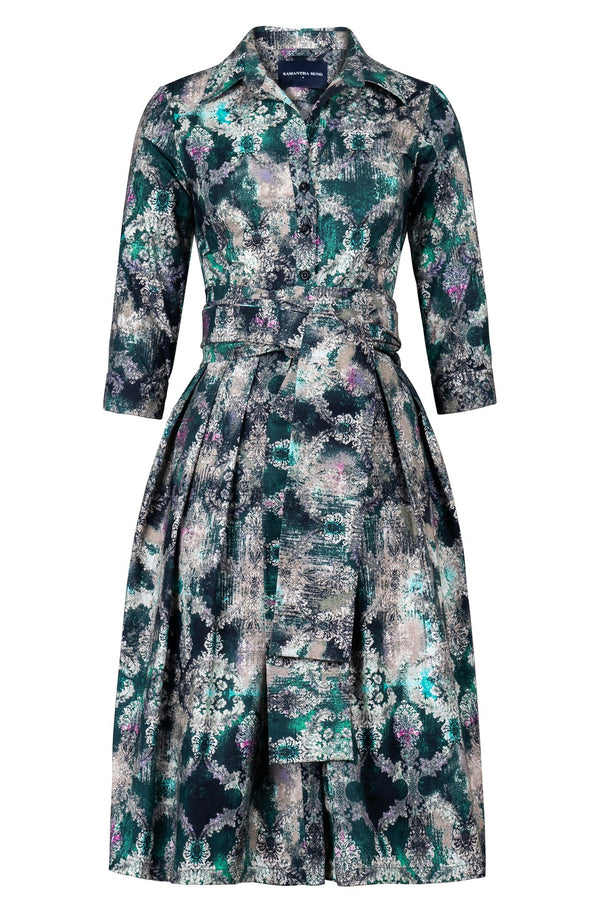Audrey Dress #1 Shirt Collar 3/4 Sleeve Long Length Cotton Stretch (Morris Lace Dark)