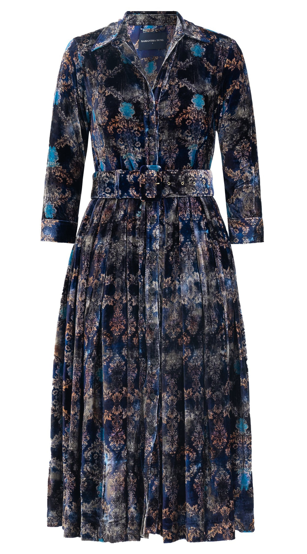Audrey Dress #1 Shirt Collar 3/4 Sleeve Midi Length Silk Velvet (Morris Velvet)