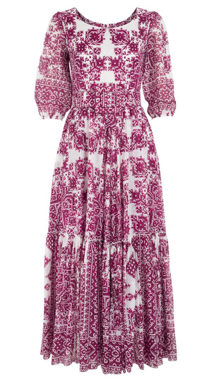 Anna Dress Boat Neck 3/4 Sleeve Ankle Length Cotton Musola (Morrocan Embroidery)