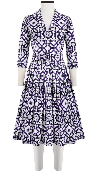 Audrey Dress #2 Shirt Collar 3/4 Sleeve Long Length Cotton Stretch (Mosaique Tile White)