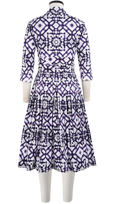 Audrey Dress #2 Shirt Collar 3/4 Sleeve Long Length Cotton Stretch (Mosaique Tile White)