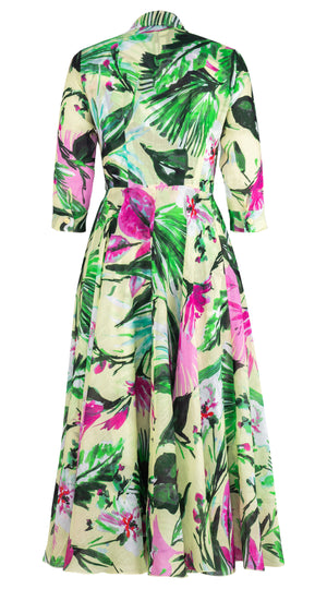 Aster Dress Shirt Collar 3/4 Sleeve Midi Plus Length Ramie (Mozambique Flower Pastel)