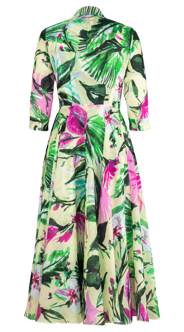 Aster Dress Shirt Collar 3/4 Sleeve Midi Plus Length Ramie (Mozambique Flower Pastel)