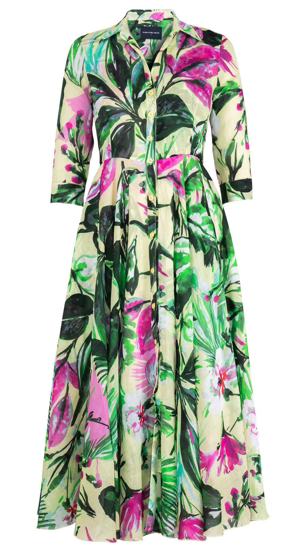 Aster Dress Shirt Collar 3/4 Sleeve Midi Plus Length Ramie (Mozambique Flower Pastel)