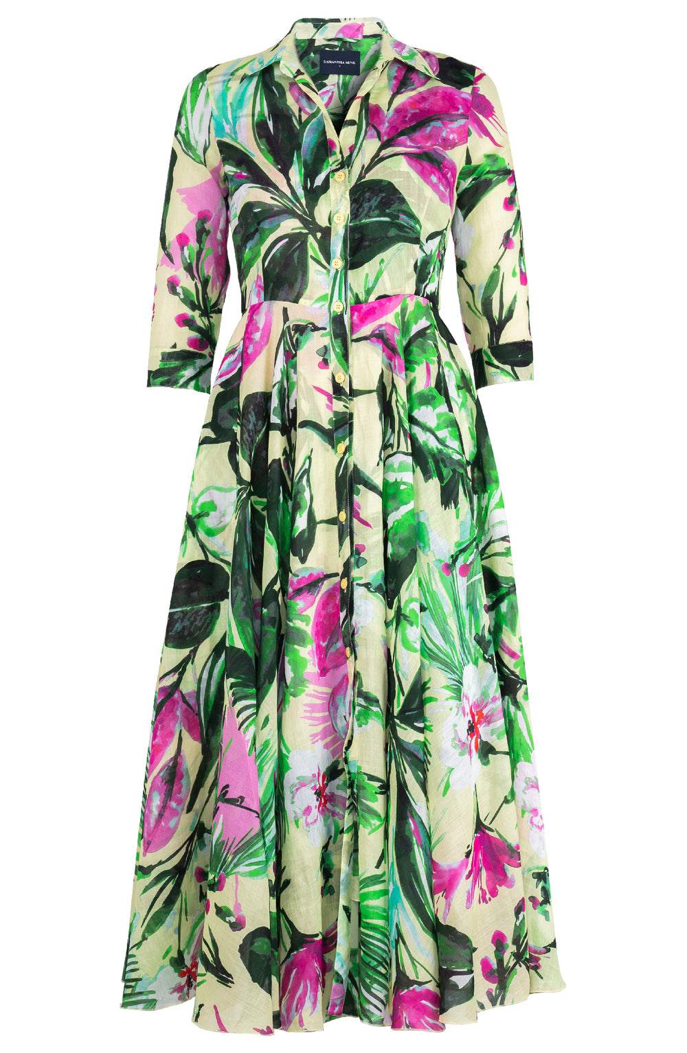 Aster Dress Shirt Collar 3/4 Sleeve Midi Plus Length Cotton Musola (Mozambique Flower Pastel)