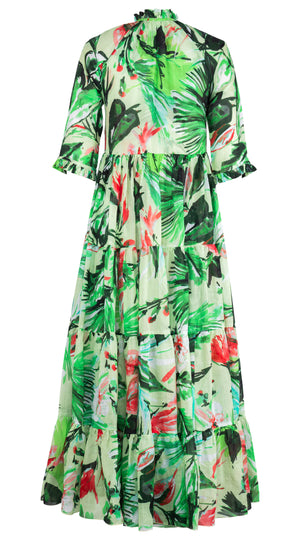 Eva Dress Crew Neck 3/4 Sleeve Maxi Length Ramie (Mozambique Flower Pastel)