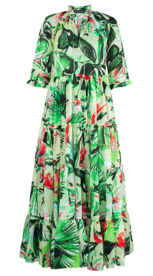 Eva Dress Crew Neck 3/4 Sleeve Maxi Length Ramie (Mozambique Flower Pastel)