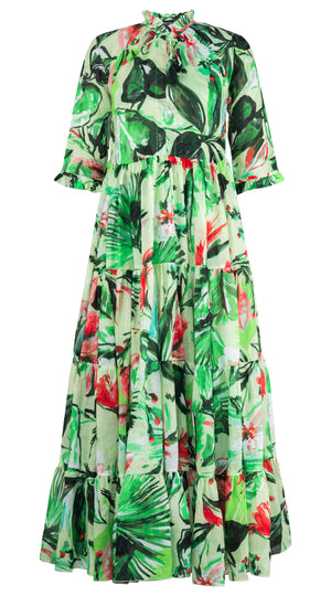Eva Dress Crew Neck 3/4 Sleeve Maxi Length Ramie (Mozambique Flower Pastel)