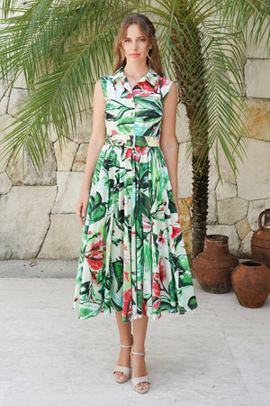 Laurent Dress Shirt Collar Sleeveless Midi Length Cotton Stretch (Mozambique Flower Pastel)