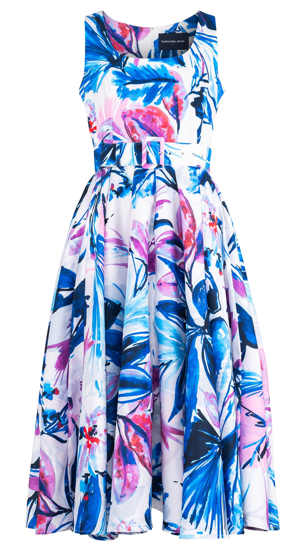 Abelia Dress U Neck Sleeveless Midi Length Silk Taffa (Mozambique Flower White)