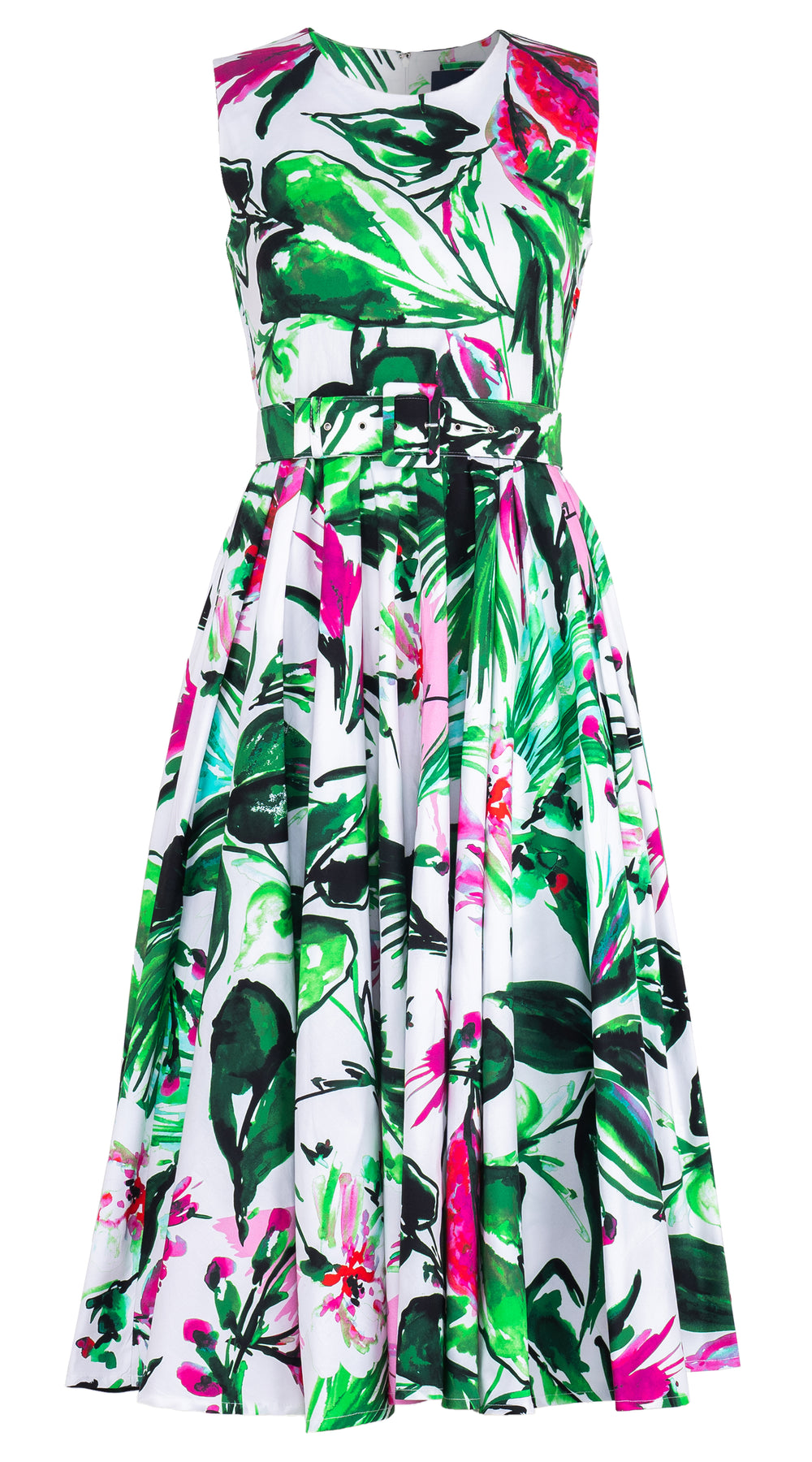 Abelia Dress Crew Neck Sleeveless Midi Length Cotton Stretch (Mozambique Flower White)