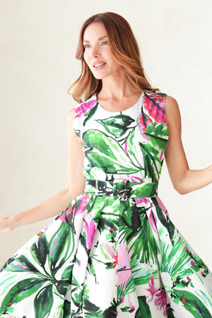 Abelia Dress Crew Neck Sleeveless Midi Length Cotton Stretch (Mozambique Flower White)