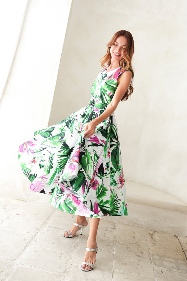 Abelia Dress Crew Neck Sleeveless Midi Length Cotton Stretch (Mozambique Flower White)